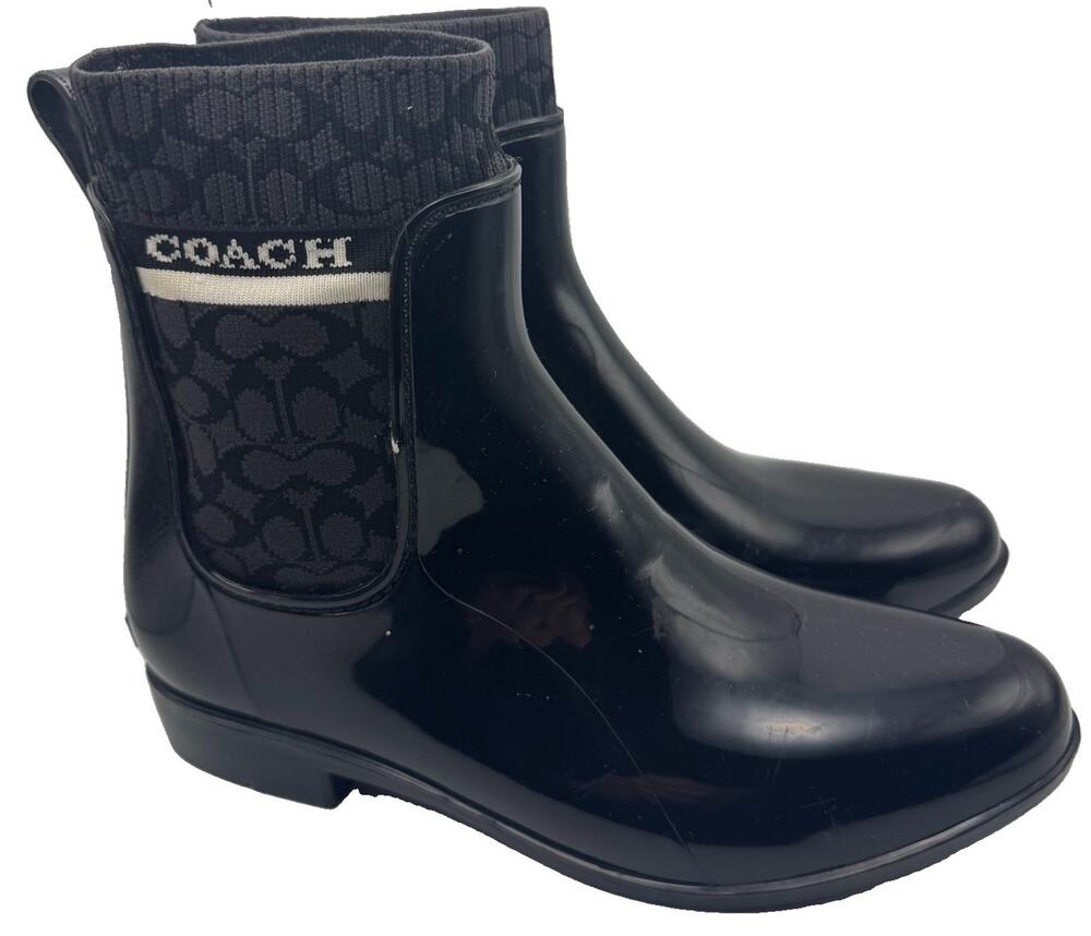 Coach Rivington Rain Boots Black Logo Chelsea Ankle Boots Women’s Size 9